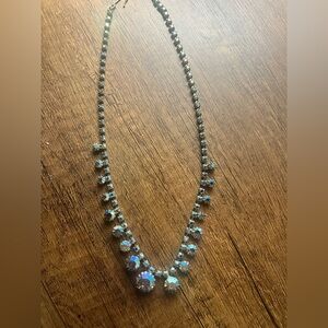 Vintage Blue Glass Silver beaded Necklace with Iridescent Blue Gems